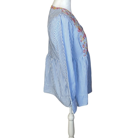 Crown & Ivy Blue White Stripe Embroidered Peplum Top Petite Medium Boho Peasant - Picture 3 of 11